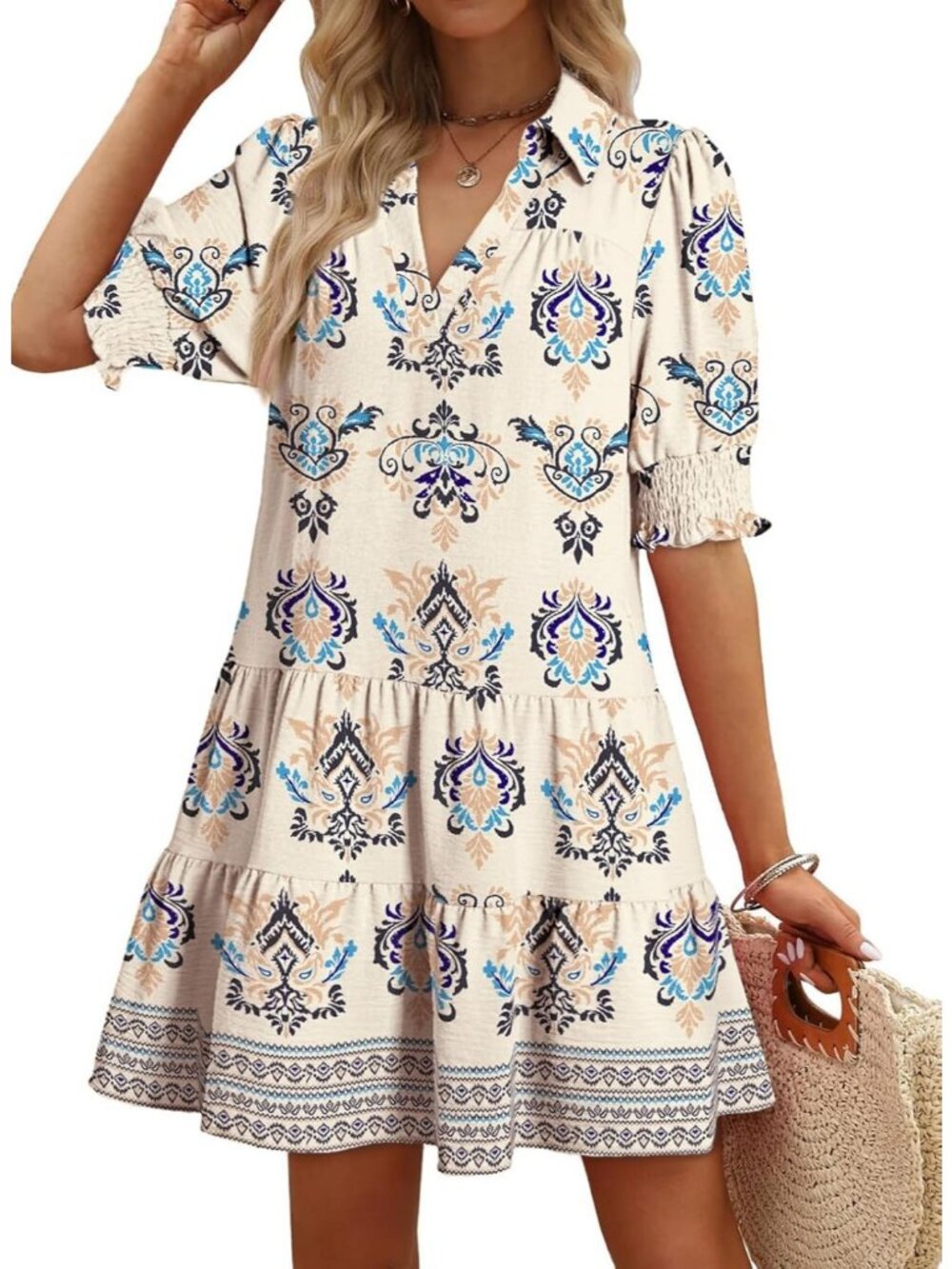 Women's Lapel Collared V Neck Mid Sleeved Pleated Summer Apricot Midi Dress